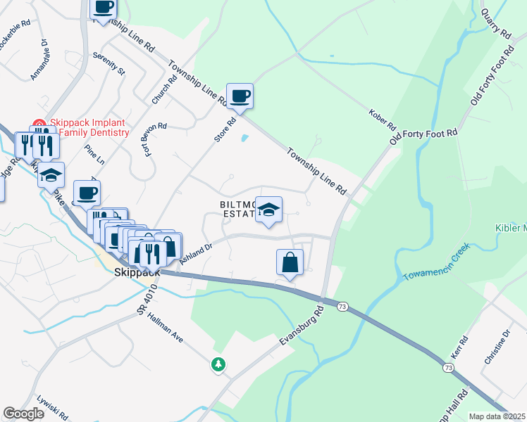 map of restaurants, bars, coffee shops, grocery stores, and more near 2151 Eastport Way in Harleysville