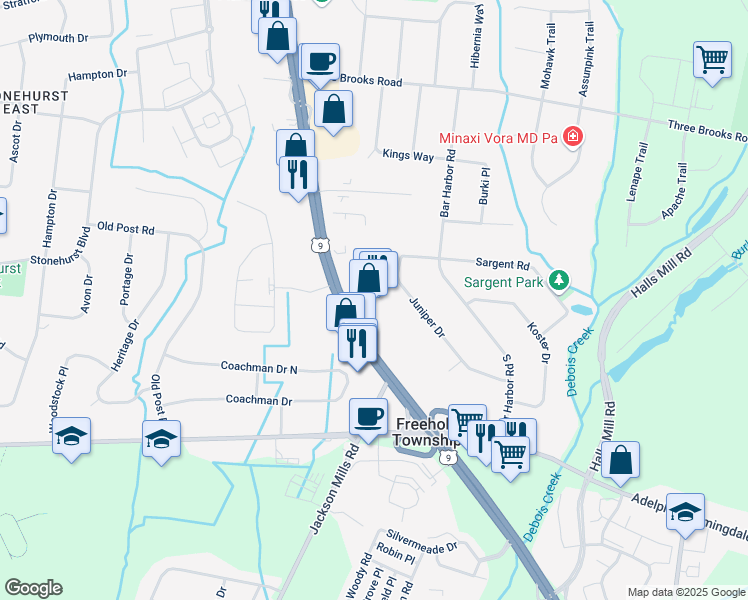 map of restaurants, bars, coffee shops, grocery stores, and more near 3333 U.S. 9 in Freehold Township