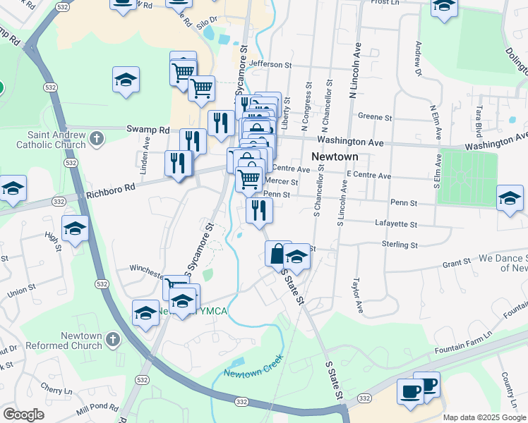 map of restaurants, bars, coffee shops, grocery stores, and more near 224 Court Street in Newtown