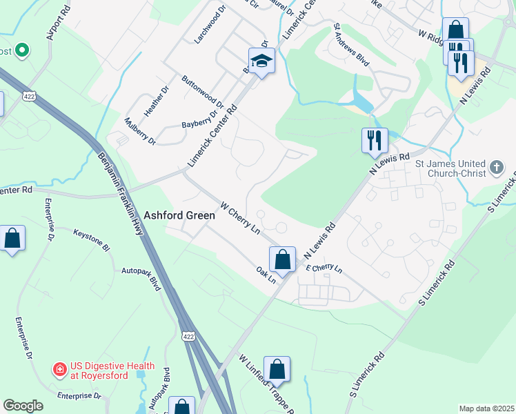 map of restaurants, bars, coffee shops, grocery stores, and more near 220 Troon Court in Royersford