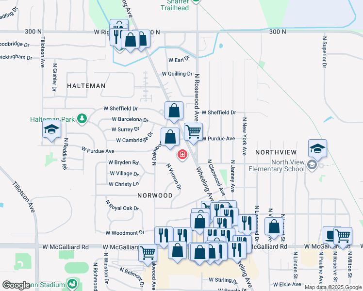 map of restaurants, bars, coffee shops, grocery stores, and more near 4009 Wheeling Avenue in Muncie