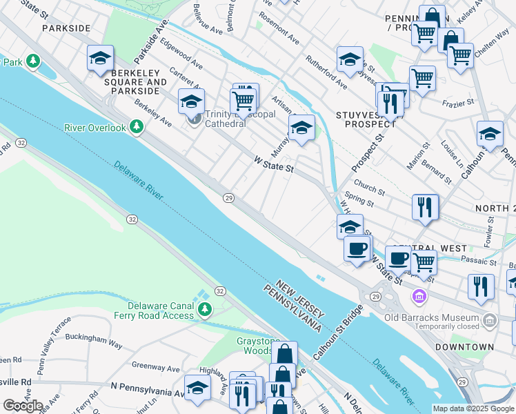 map of restaurants, bars, coffee shops, grocery stores, and more near 462 Riverside Avenue in Trenton