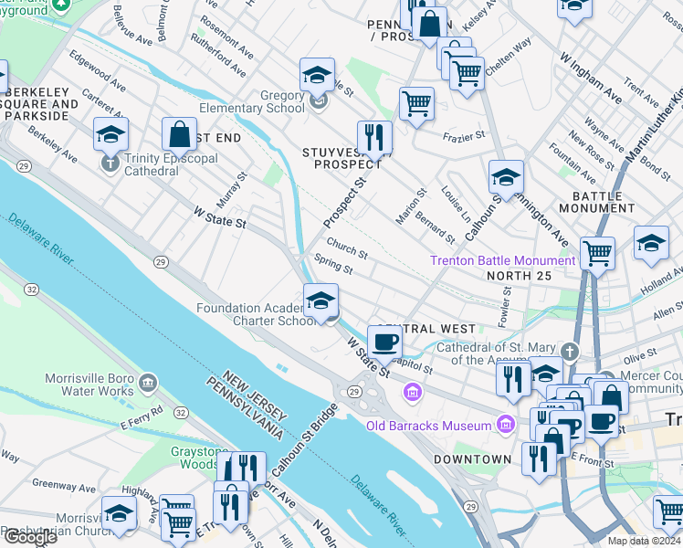 map of restaurants, bars, coffee shops, grocery stores, and more near 309 Spring Street in Trenton