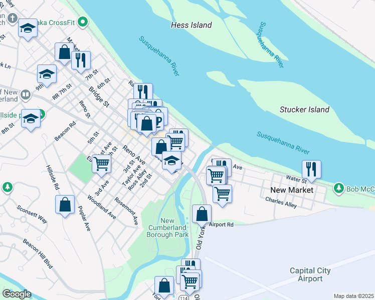 map of restaurants, bars, coffee shops, grocery stores, and more near 116 Market Street in New Cumberland