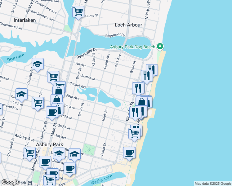 map of restaurants, bars, coffee shops, grocery stores, and more near 309 Sunset Avenue in Asbury Park