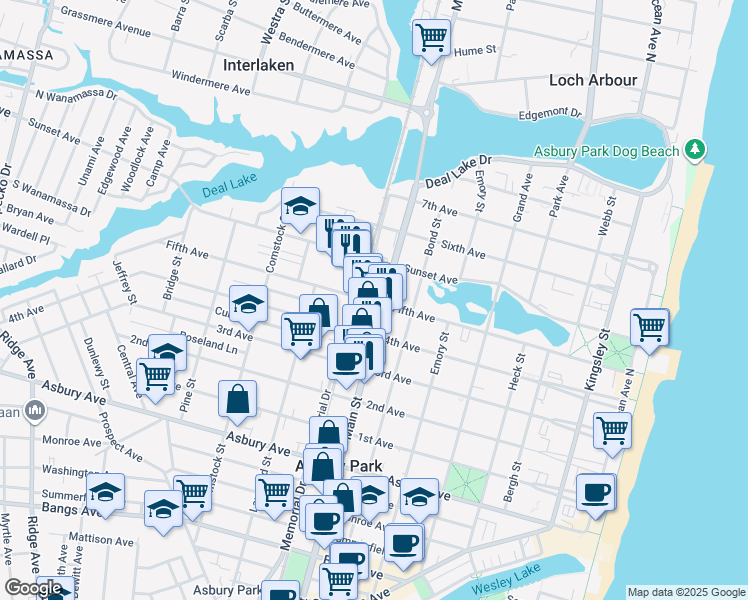 map of restaurants, bars, coffee shops, grocery stores, and more near 1217 Main Street in Asbury Park