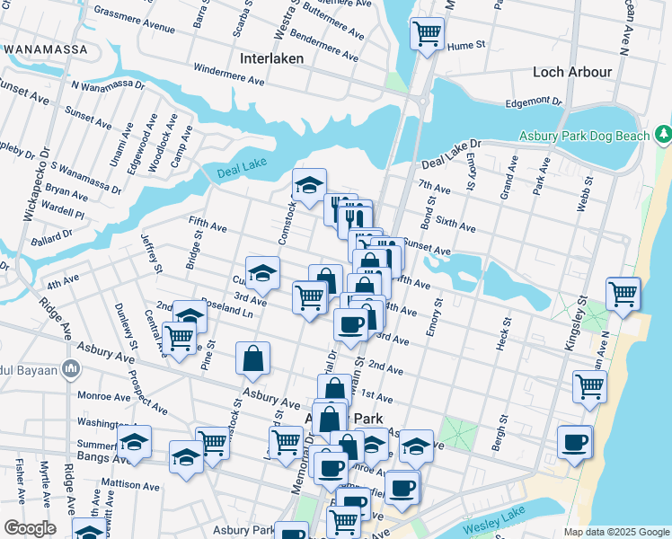 map of restaurants, bars, coffee shops, grocery stores, and more near 1200 Memorial Drive in Asbury Park