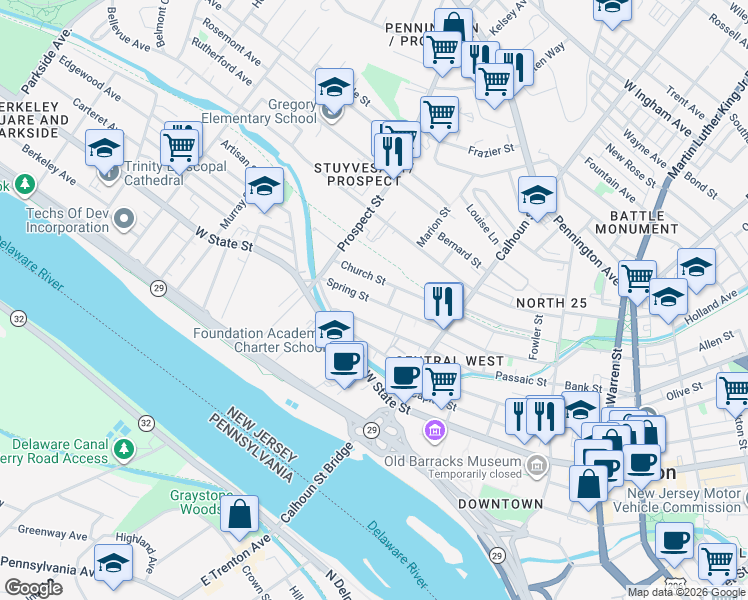 map of restaurants, bars, coffee shops, grocery stores, and more near 269 Spring Street in Trenton