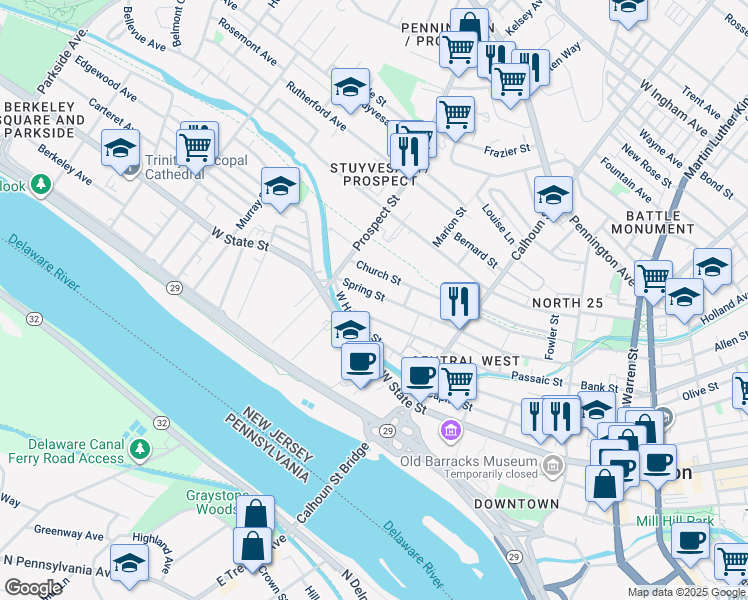 map of restaurants, bars, coffee shops, grocery stores, and more near 206 Passaic Street in Trenton