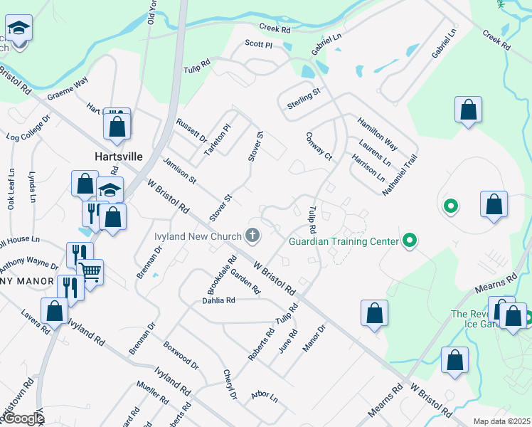 map of restaurants, bars, coffee shops, grocery stores, and more near 201 Strawberry Court in Warwick