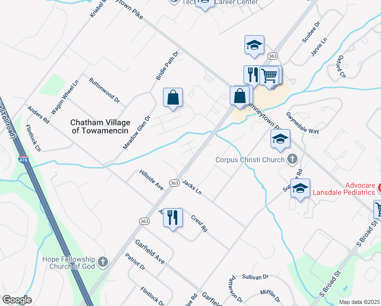 map of restaurants, bars, coffee shops, grocery stores, and more near 1633 South Valley Forge Road in Lansdale