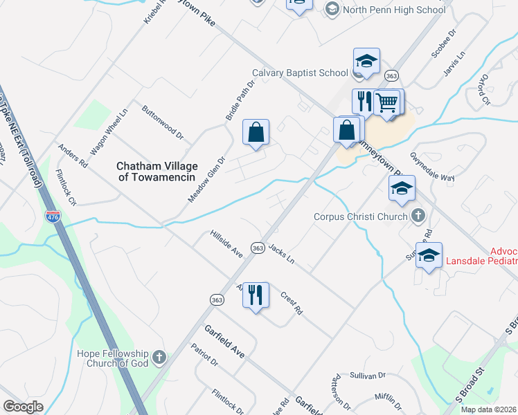 map of restaurants, bars, coffee shops, grocery stores, and more near 1660 South Valley Forge Road in Lansdale