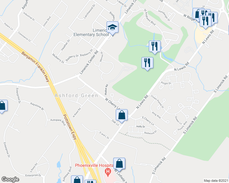 map of restaurants, bars, coffee shops, grocery stores, and more near 215 Troon Court in Royersford