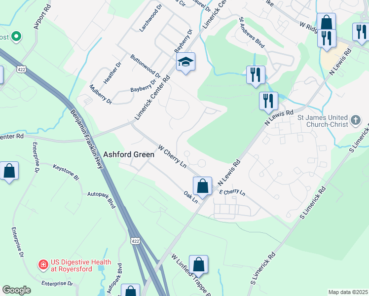 map of restaurants, bars, coffee shops, grocery stores, and more near 220 Troon Court in Royersford