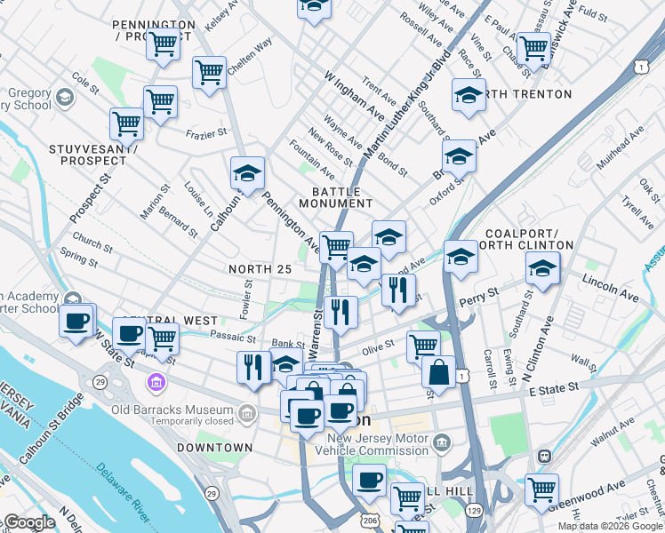 map of restaurants, bars, coffee shops, grocery stores, and more near Brunswick Avenue & Pennington Avenue in Trenton