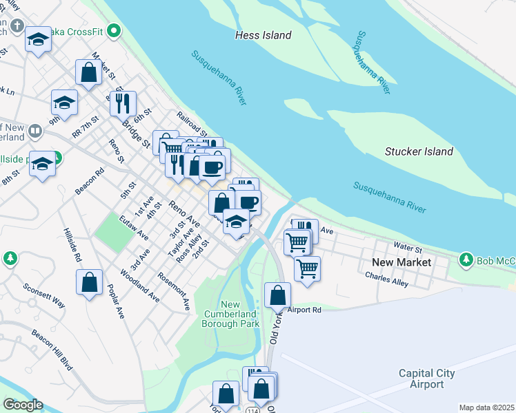 map of restaurants, bars, coffee shops, grocery stores, and more near 116 Market Street in New Cumberland