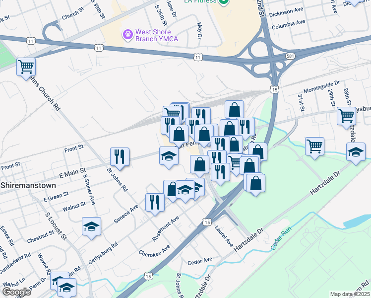 map of restaurants, bars, coffee shops, grocery stores, and more near 3503 Simpson Ferry Road in Camp Hill