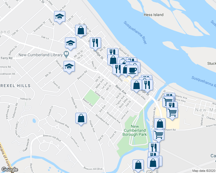 map of restaurants, bars, coffee shops, grocery stores, and more near 417 4th Street in New Cumberland