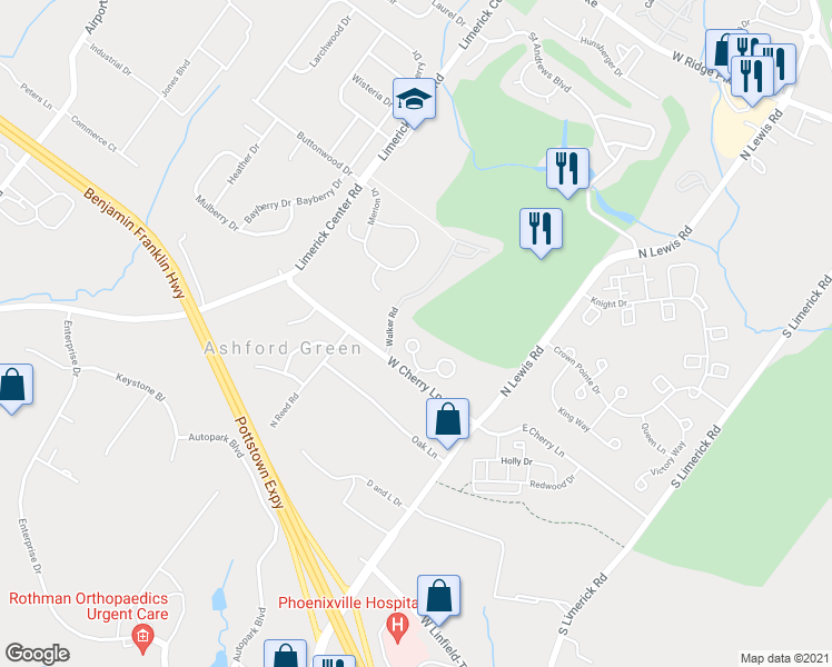 map of restaurants, bars, coffee shops, grocery stores, and more near 215 Troon Court in Royersford
