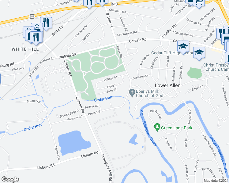 map of restaurants, bars, coffee shops, grocery stores, and more near 1808 Pine Street in Camp Hill