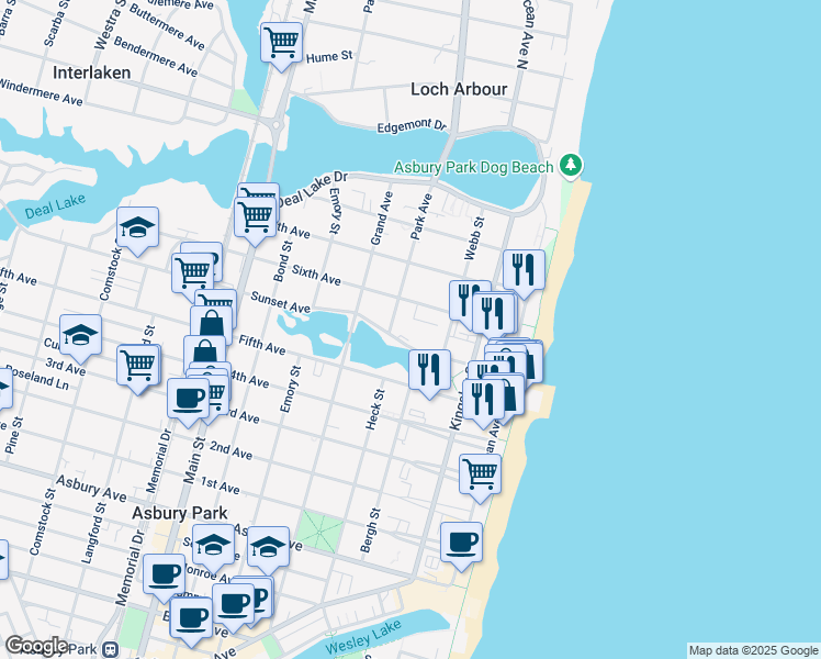 map of restaurants, bars, coffee shops, grocery stores, and more near 321 Sunset Avenue in Asbury Park