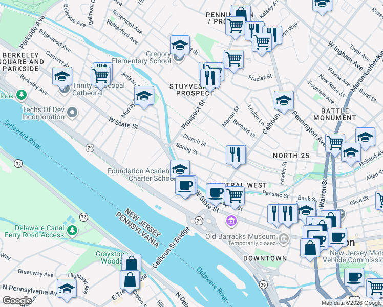 map of restaurants, bars, coffee shops, grocery stores, and more near 206 Passaic Street in Trenton
