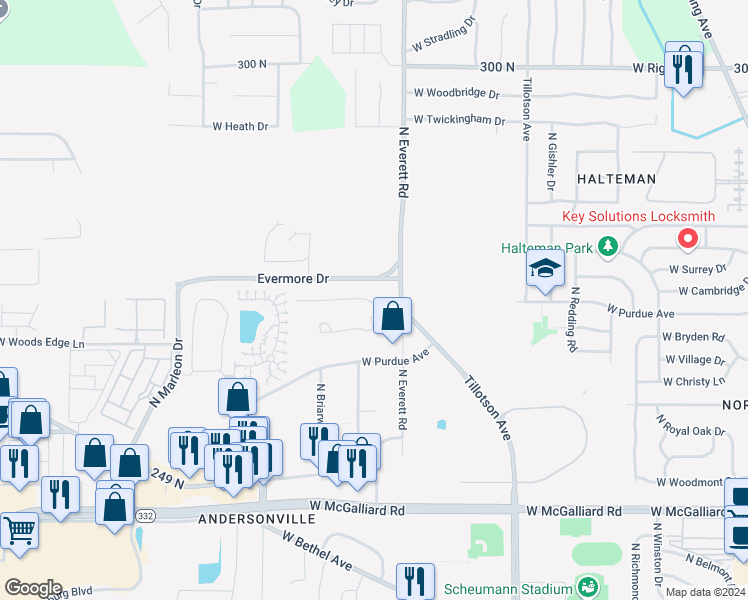 map of restaurants, bars, coffee shops, grocery stores, and more near 4001 North Everett Road in Muncie
