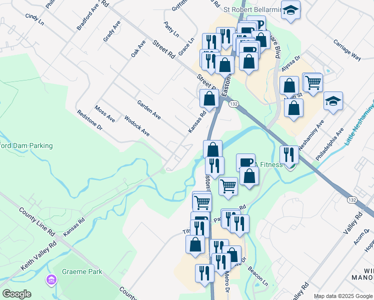 map of restaurants, bars, coffee shops, grocery stores, and more near 5004 Brookwood Court in Warrington