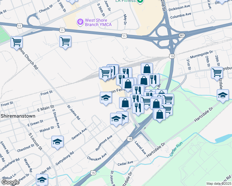 map of restaurants, bars, coffee shops, grocery stores, and more near 3503 Simpson Ferry Road in Camp Hill
