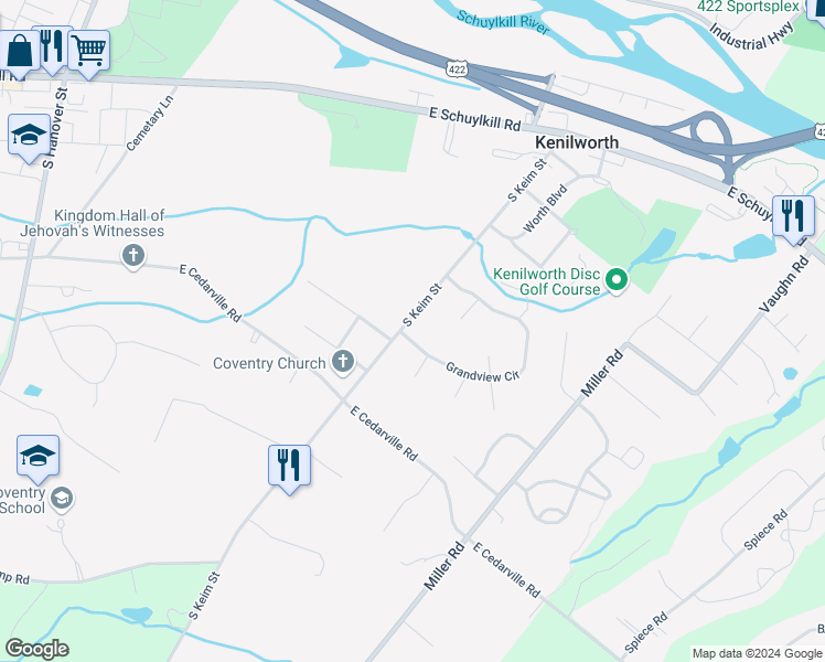 map of restaurants, bars, coffee shops, grocery stores, and more near 1038 South Keim Street in Pottstown