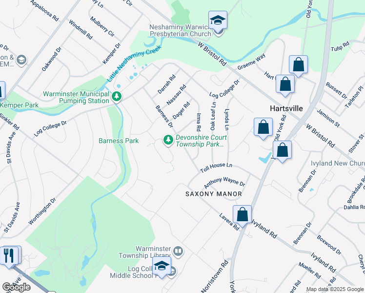 map of restaurants, bars, coffee shops, grocery stores, and more near 1222 Barness Drive in Warminster