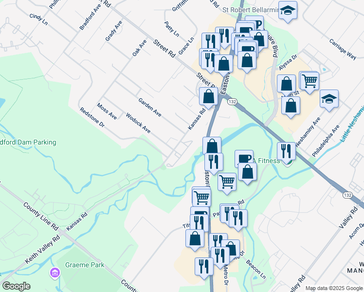 map of restaurants, bars, coffee shops, grocery stores, and more near 5008 Brookwood Court in Warrington