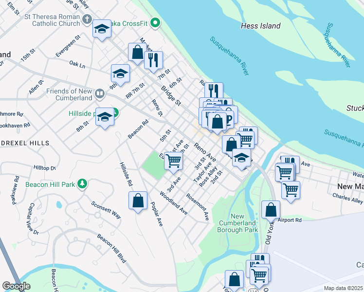 map of restaurants, bars, coffee shops, grocery stores, and more near 417 4th Street in New Cumberland