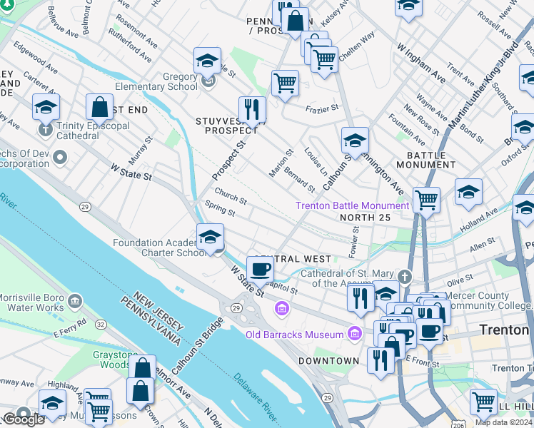map of restaurants, bars, coffee shops, grocery stores, and more near 257 Church Street in Trenton