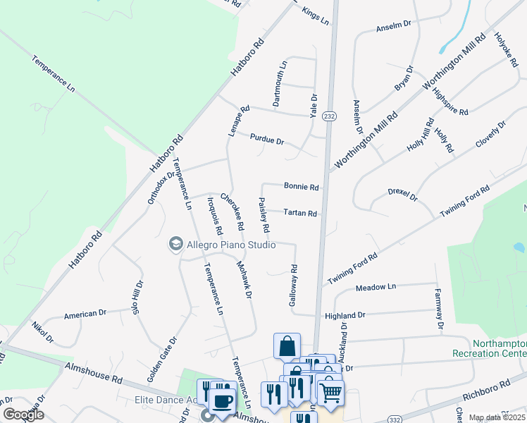 map of restaurants, bars, coffee shops, grocery stores, and more near 36 Paisley Rd in Richboro