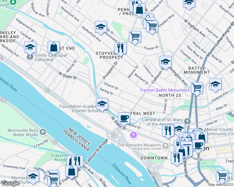 map of restaurants, bars, coffee shops, grocery stores, and more near 282 Spring Street in Trenton