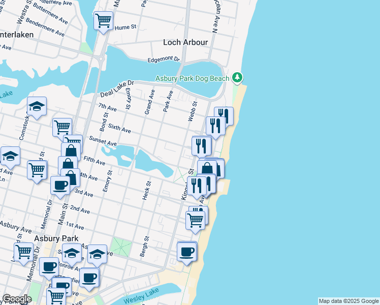 map of restaurants, bars, coffee shops, grocery stores, and more near 1400 Webb Street in Asbury Park