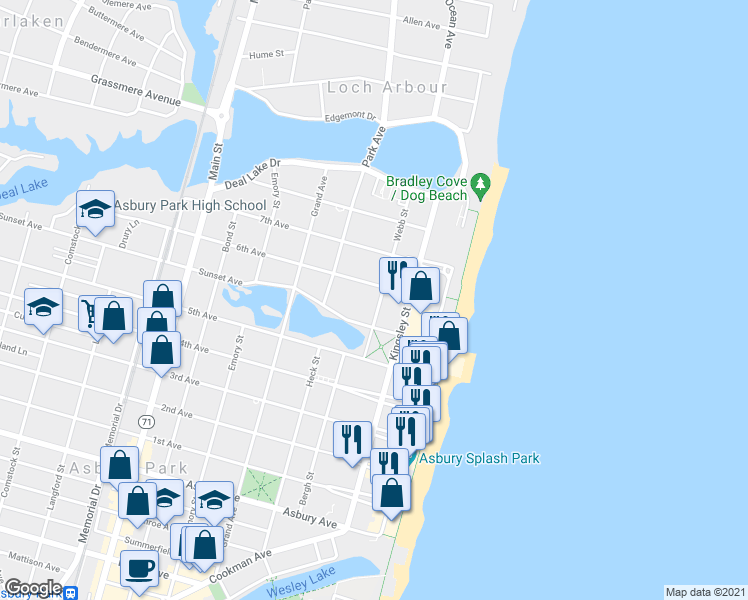 map of restaurants, bars, coffee shops, grocery stores, and more near 1400 Webb Street in Asbury Park