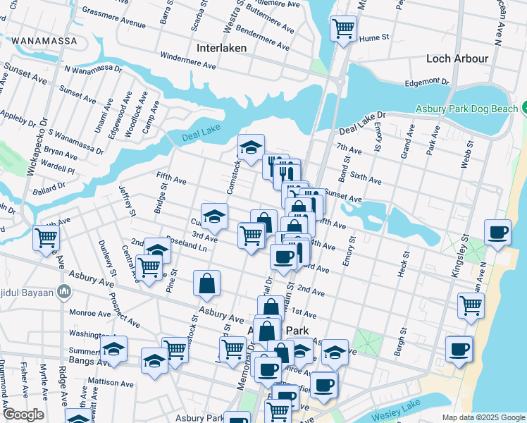 map of restaurants, bars, coffee shops, grocery stores, and more near 921 4th Avenue in Asbury Park