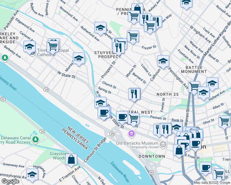 map of restaurants, bars, coffee shops, grocery stores, and more near 269 Spring Street in Trenton