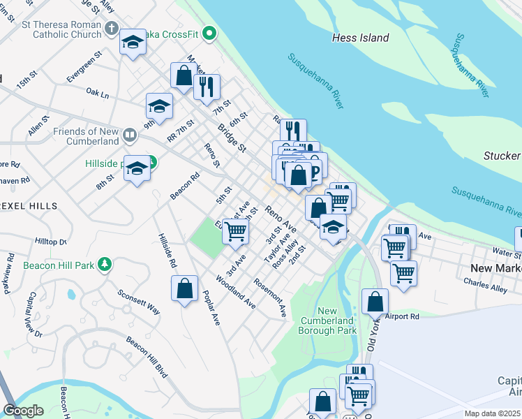 map of restaurants, bars, coffee shops, grocery stores, and more near 424 4th Street in New Cumberland