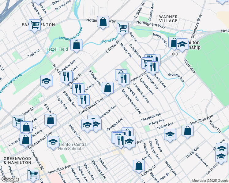 map of restaurants, bars, coffee shops, grocery stores, and more near 1601 Greenwood Avenue in Hamilton Township