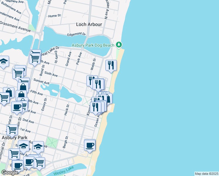 map of restaurants, bars, coffee shops, grocery stores, and more near Boardwalk in Asbury Park
