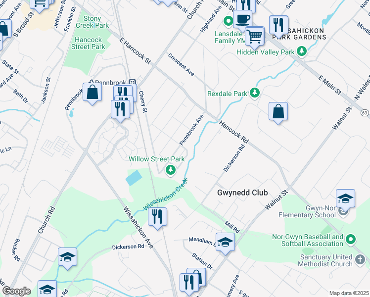 map of restaurants, bars, coffee shops, grocery stores, and more near 679 Willow Street in Lansdale