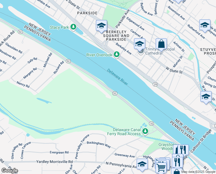 map of restaurants, bars, coffee shops, grocery stores, and more near 551 River Road in Yardley
