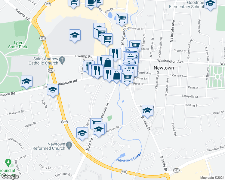 map of restaurants, bars, coffee shops, grocery stores, and more near 120 South Sycamore Street in Newtown