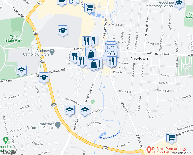 map of restaurants, bars, coffee shops, grocery stores, and more near 121 South Sycamore Street in Newtown
