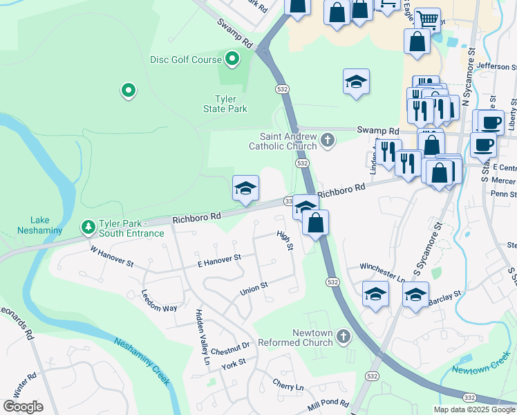 map of restaurants, bars, coffee shops, grocery stores, and more near Newtown Richboro Road in Newtown