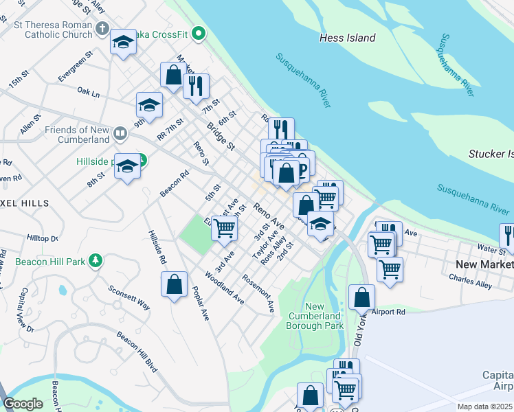 map of restaurants, bars, coffee shops, grocery stores, and more near 323 Reno Avenue in New Cumberland