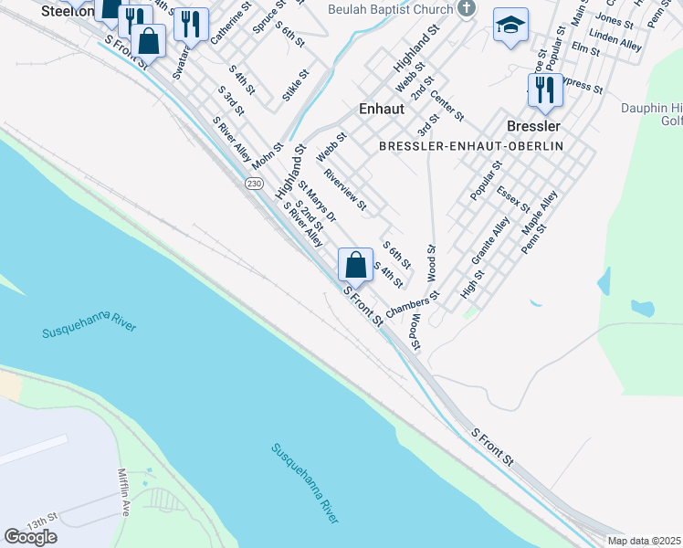 map of restaurants, bars, coffee shops, grocery stores, and more near 713 South Front Street in Harrisburg
